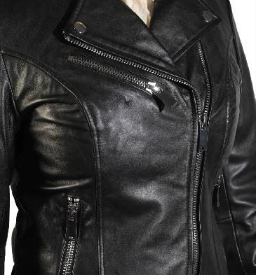 SL110039 - Ladies Cross-Over Black Leather Biker Jacket